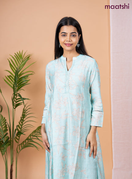 Rayon anarkali kurti teal blue with allover floral prints & sequin lace work neck pattern without pant
