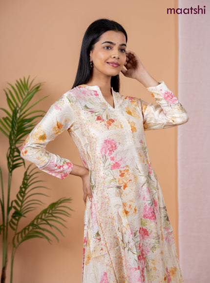 Rayon anarkali kurti cream with allover floral prints & sequin lace work neck pattern without pant