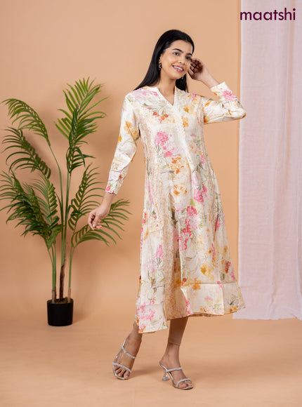 Rayon anarkali kurti cream with allover floral prints & sequin lace work neck pattern without pant