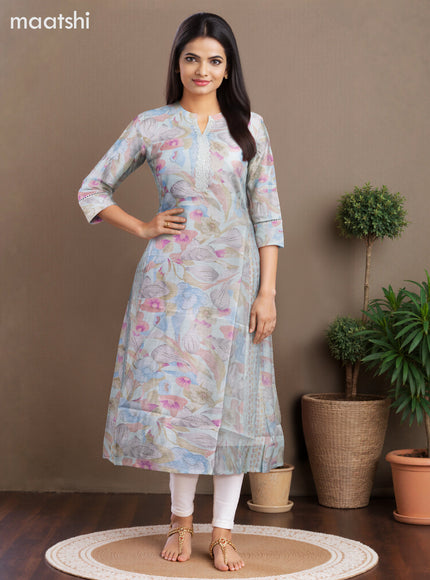 Rayon anarkali kurti pastel green shade with allover floral prints & lace work neck pattern without pant