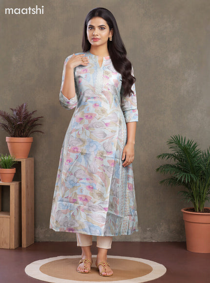 Rayon anarkali kurti pastel green shade with allover floral prints & lace work neck pattern without pant