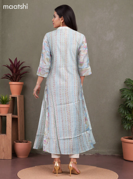 Rayon anarkali kurti pastel green shade with allover floral prints & lace work neck pattern without pant
