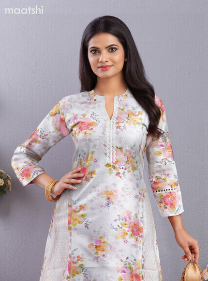 Rayon anarkali kurti off white with allover floral prints & lace work neck pattern without pant