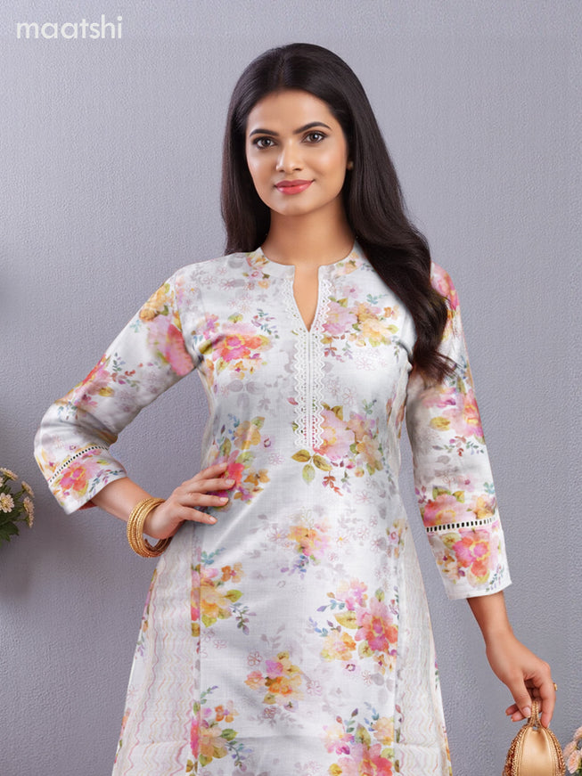 Rayon anarkali kurti off white with allover floral prints & lace work neck pattern without pant