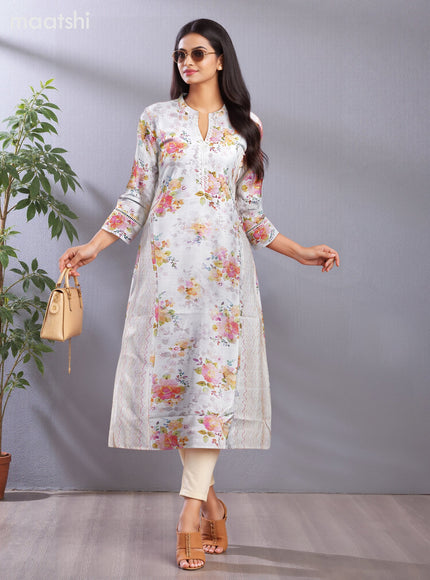 Rayon anarkali kurti off white with allover floral prints & lace work neck pattern without pant