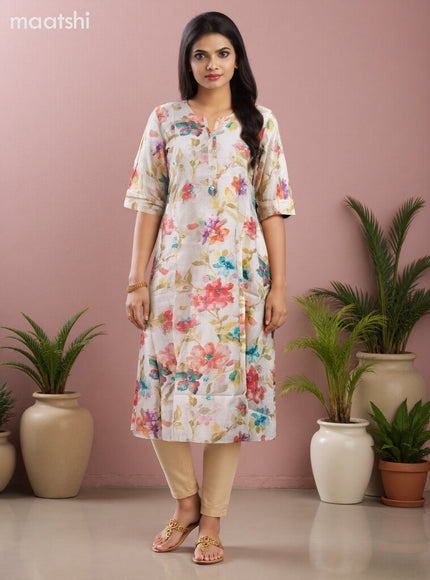 Rayon anarkali kurti cream with allover floral prints & simple neck pattern without pant