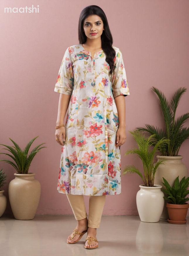 Rayon anarkali kurti cream with allover floral prints & simple neck pattern without pant