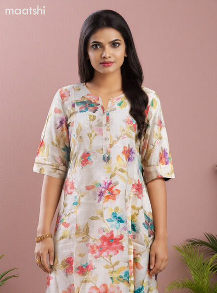 Rayon anarkali kurti cream with allover floral prints & simple neck pattern without pant