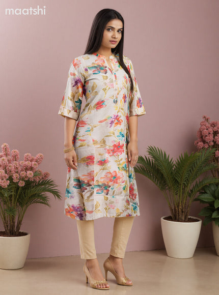 Rayon anarkali kurti cream with allover floral prints & simple neck pattern without pant