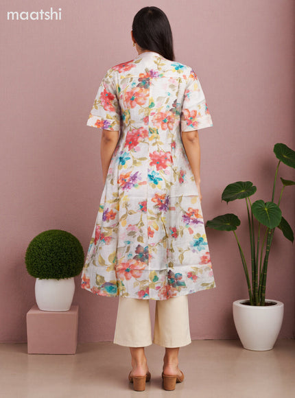 Rayon anarkali kurti cream with allover floral prints & simple neck pattern without pant