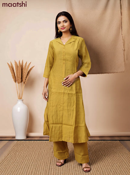 Rayon co-ord set lime yellow with collar neck pattern and straight cut pant