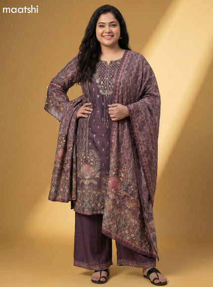 Brown Crepe Silk Printed & Embroidery Work Straight Suit