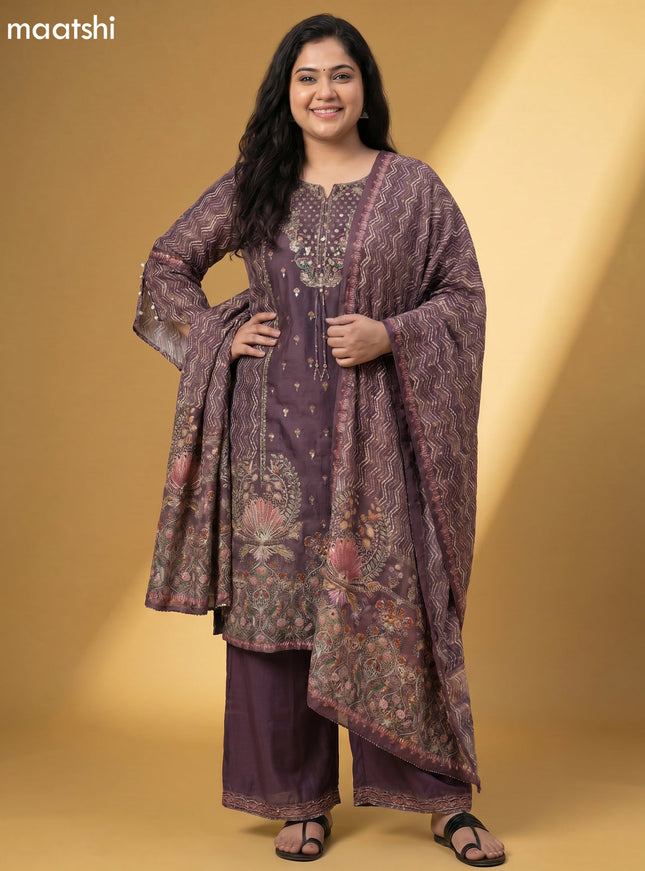 Brown Crepe Silk Printed & Embroidery Work Straight Suit