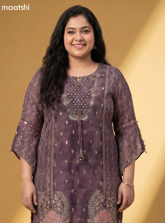 Brown Crepe Silk Printed & Embroidery Work Straight Suit