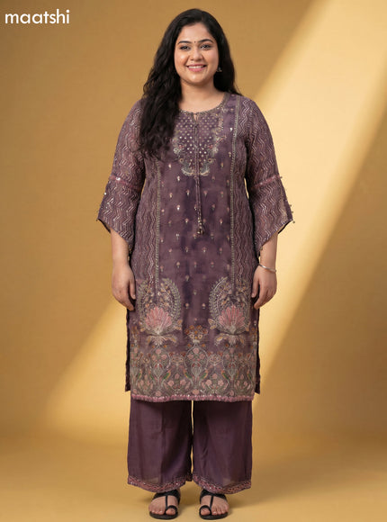 Brown Crepe Silk Printed & Embroidery Work Straight Suit