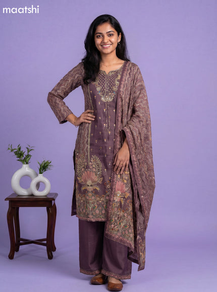 Brown Crepe Silk Printed & Embroidery Work Straight Suit