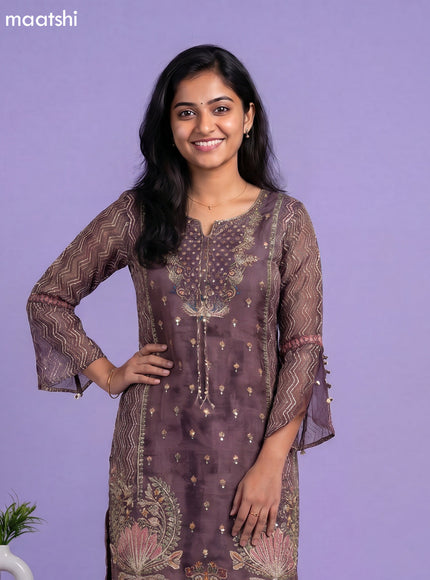 Brown Crepe Silk Printed & Embroidery Work Straight Suit