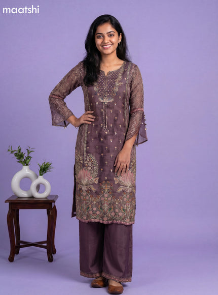 Brown Crepe Silk Printed & Embroidery Work Straight Suit