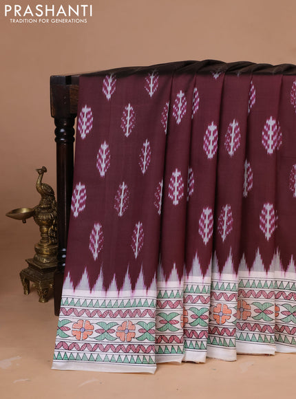 Pochampally silk saree deep maroon and cream with allover ikat woven buttas and madhubani prints