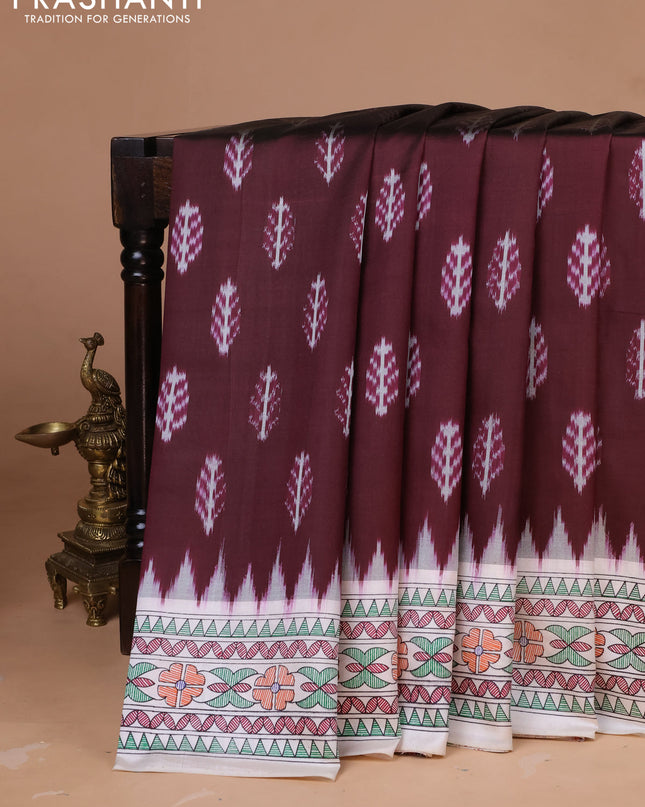 Pochampally silk saree teal green and cream with allover ikat woven buttas and madhubani prints