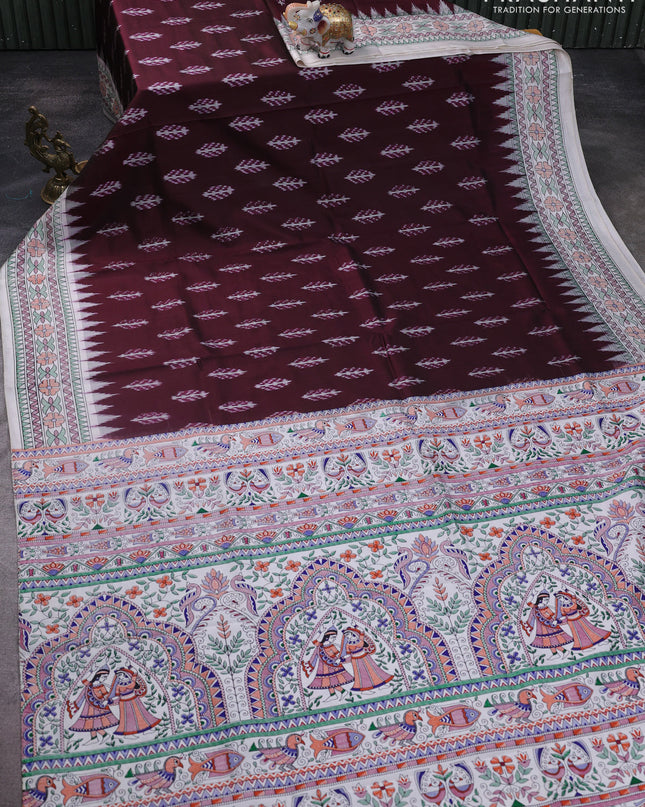 Pochampally silk saree teal green and cream with allover ikat woven buttas and madhubani prints