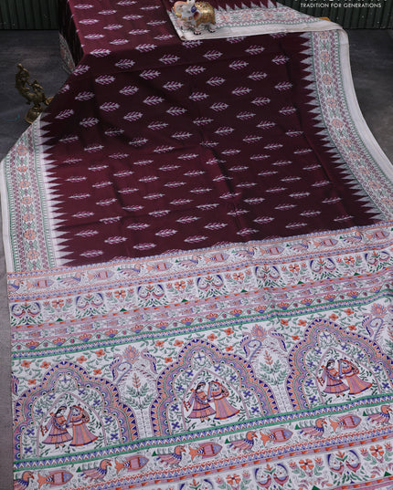 Pochampally silk saree deep maroon and cream with allover ikat woven buttas and madhubani prints