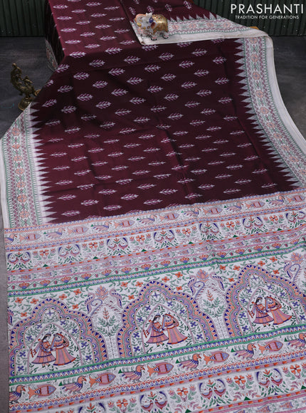 Pochampally silk saree deep maroon and cream with allover ikat woven buttas and madhubani prints