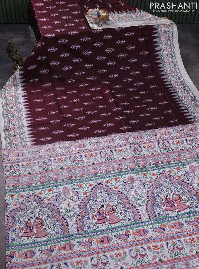 Pochampally silk saree deep maroon and cream with allover ikat woven buttas and madhubani prints