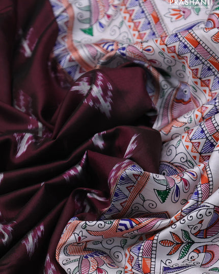 Pochampally silk saree deep maroon and cream with allover ikat woven buttas and madhubani prints