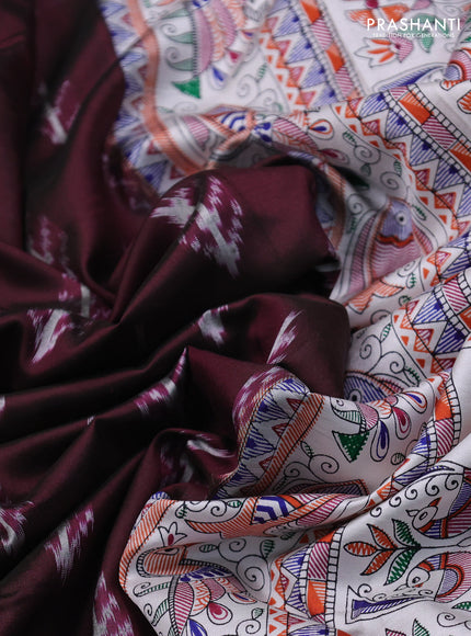 Pochampally silk saree deep maroon and cream with allover ikat woven buttas and madhubani prints