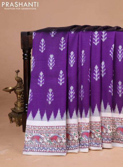 Pochampally silk saree deep violet and cream with allover ikat woven buttas and madhubani prints