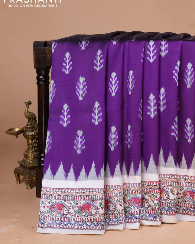 Pochampally silk saree deep violet and cream with allover ikat woven buttas and madhubani prints