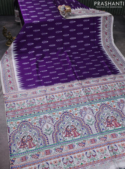 Pochampally silk saree deep violet and cream with allover ikat woven buttas and madhubani prints