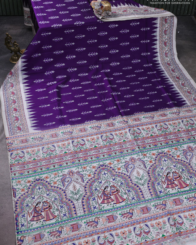 Pochampally silk saree deep violet and cream with allover ikat woven buttas and madhubani prints