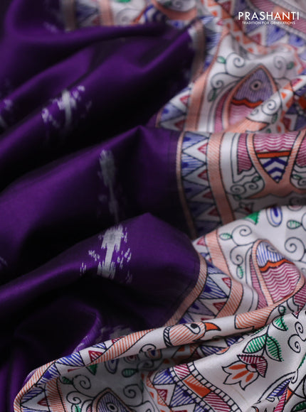 Pochampally silk saree deep violet and cream with allover ikat woven buttas and madhubani prints