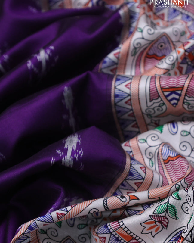 Pochampally silk saree deep violet and cream with allover ikat woven buttas and madhubani prints