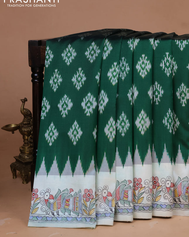 Pochampally silk saree green and off white with allover ikat woven buttas and madhubani prints