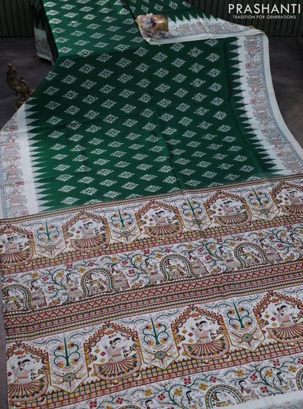 Pochampally silk saree green and off white with allover ikat woven buttas and madhubani prints