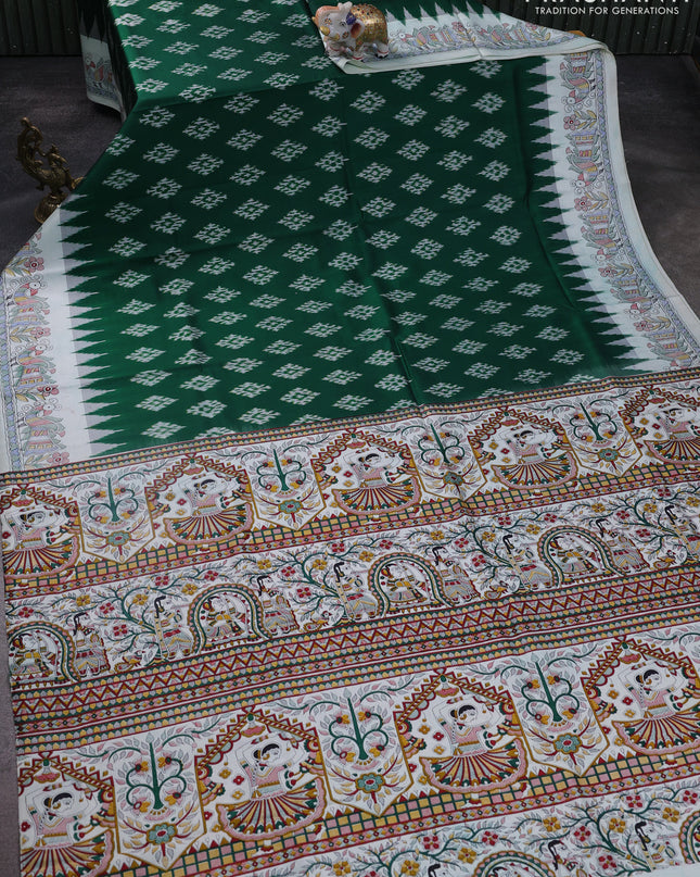 Pochampally silk saree green and off white with allover ikat woven buttas and madhubani prints