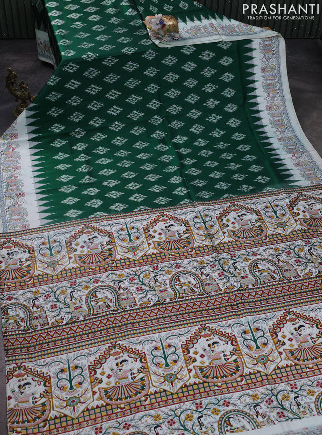 Pochampally silk saree green and off white with allover ikat woven buttas and madhubani prints