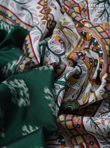 Pochampally silk saree green and off white with allover ikat woven buttas and madhubani prints