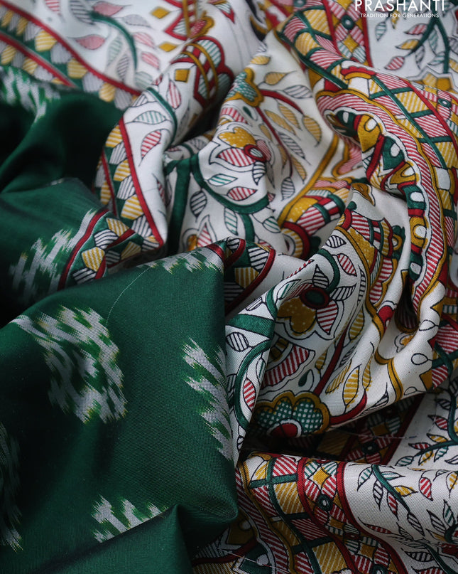 Pochampally silk saree green and off white with allover ikat woven buttas and madhubani prints