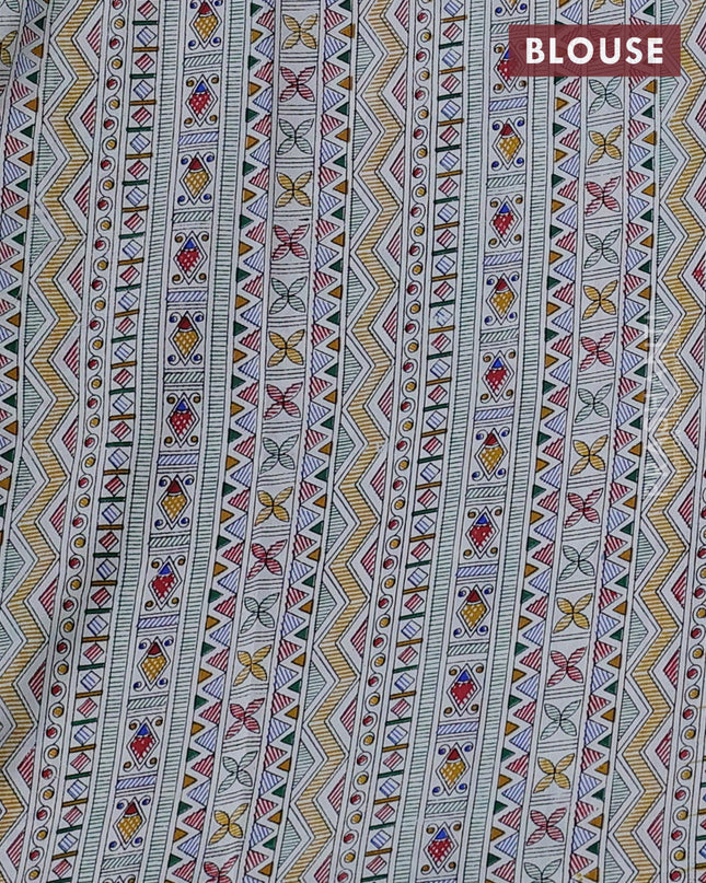 Pochampally silk saree green and off white with allover ikat woven buttas and madhubani prints