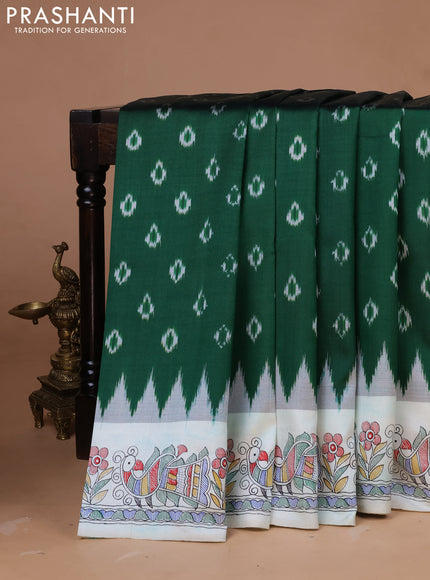 Pochampally silk saree green and off white with allover ikat woven buttas and madhubani prints