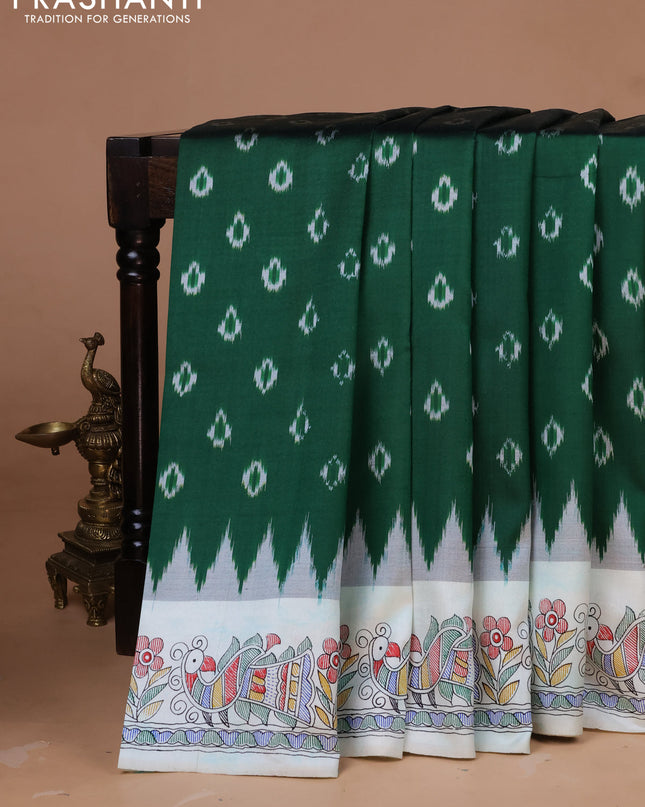 Pochampally silk saree green and off white with allover ikat woven buttas and madhubani prints