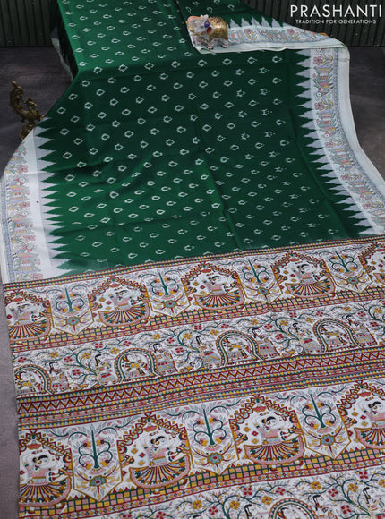 Pochampally silk saree green and off white with allover ikat woven buttas and madhubani prints