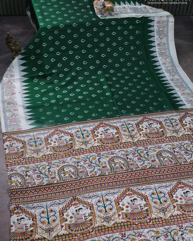 Pochampally silk saree green and off white with allover ikat woven buttas and madhubani prints