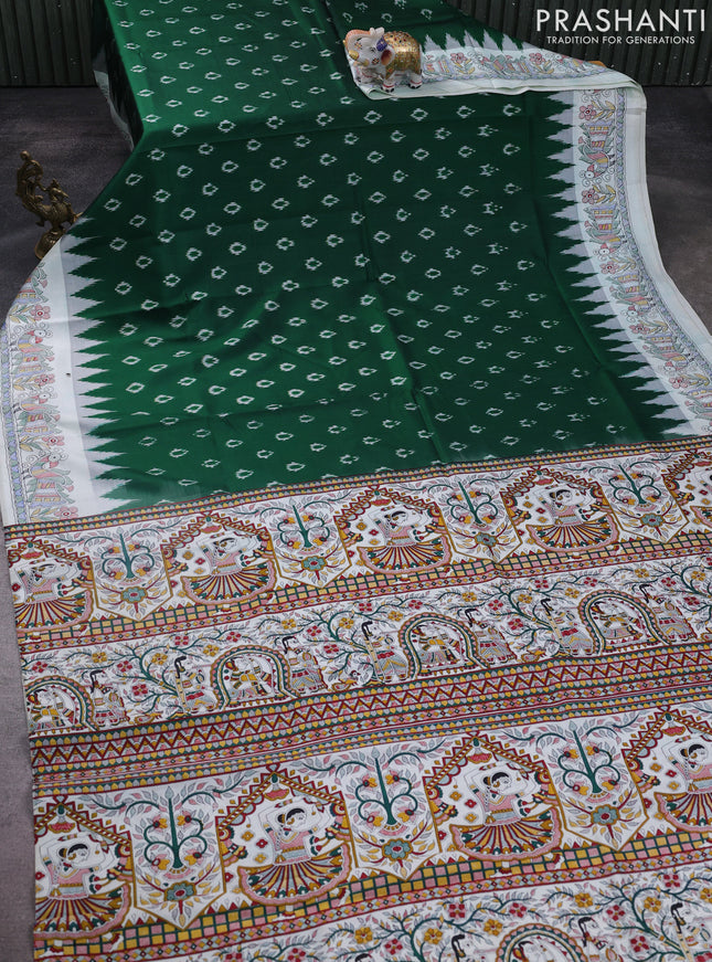 Pochampally silk saree green and off white with allover ikat woven buttas and madhubani prints