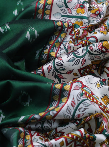 Pochampally silk saree green and off white with allover ikat woven buttas and madhubani prints