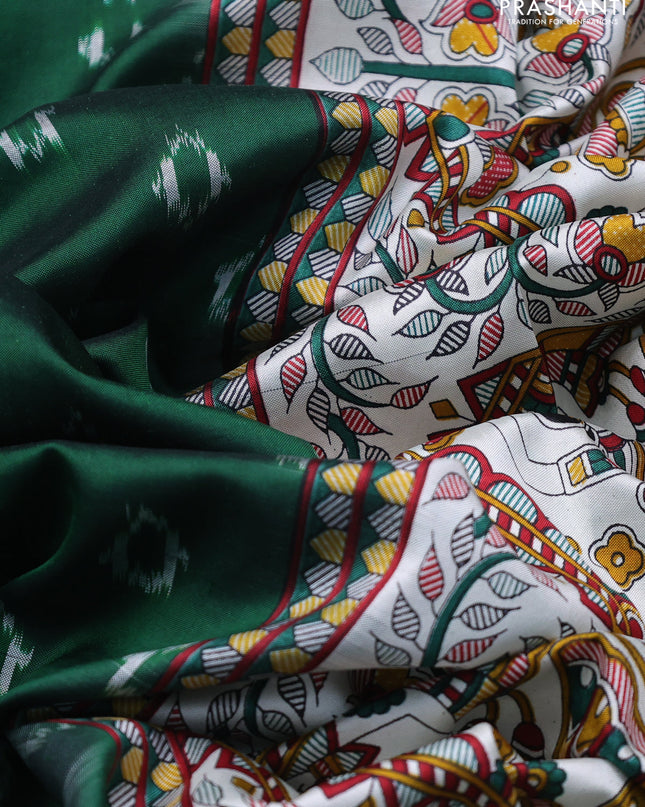 Pochampally silk saree green and off white with allover ikat woven buttas and madhubani prints